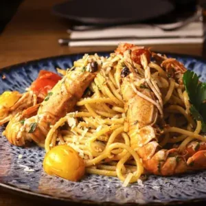 Spaghetti aux langoustines à Altamaro restaurant méditerranéen Paris.